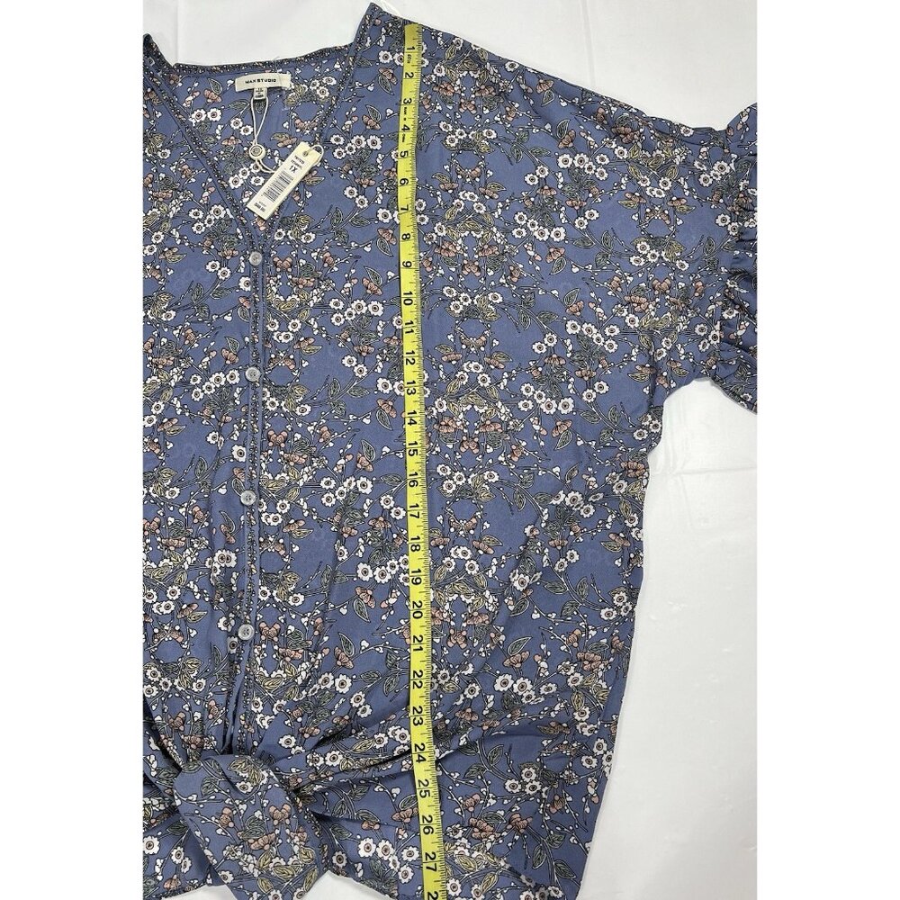 Max Studio Women Plus Size 1X Top Blouse floral Short Sleeve Blue Button NWT - Picture 7 of 8